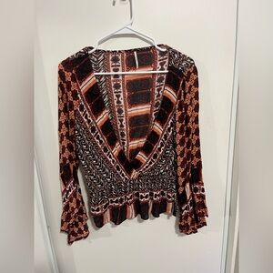 Free People Rosalie Wrap Top Bell Sleeves Cinched Waist Printed Blouse M Boho